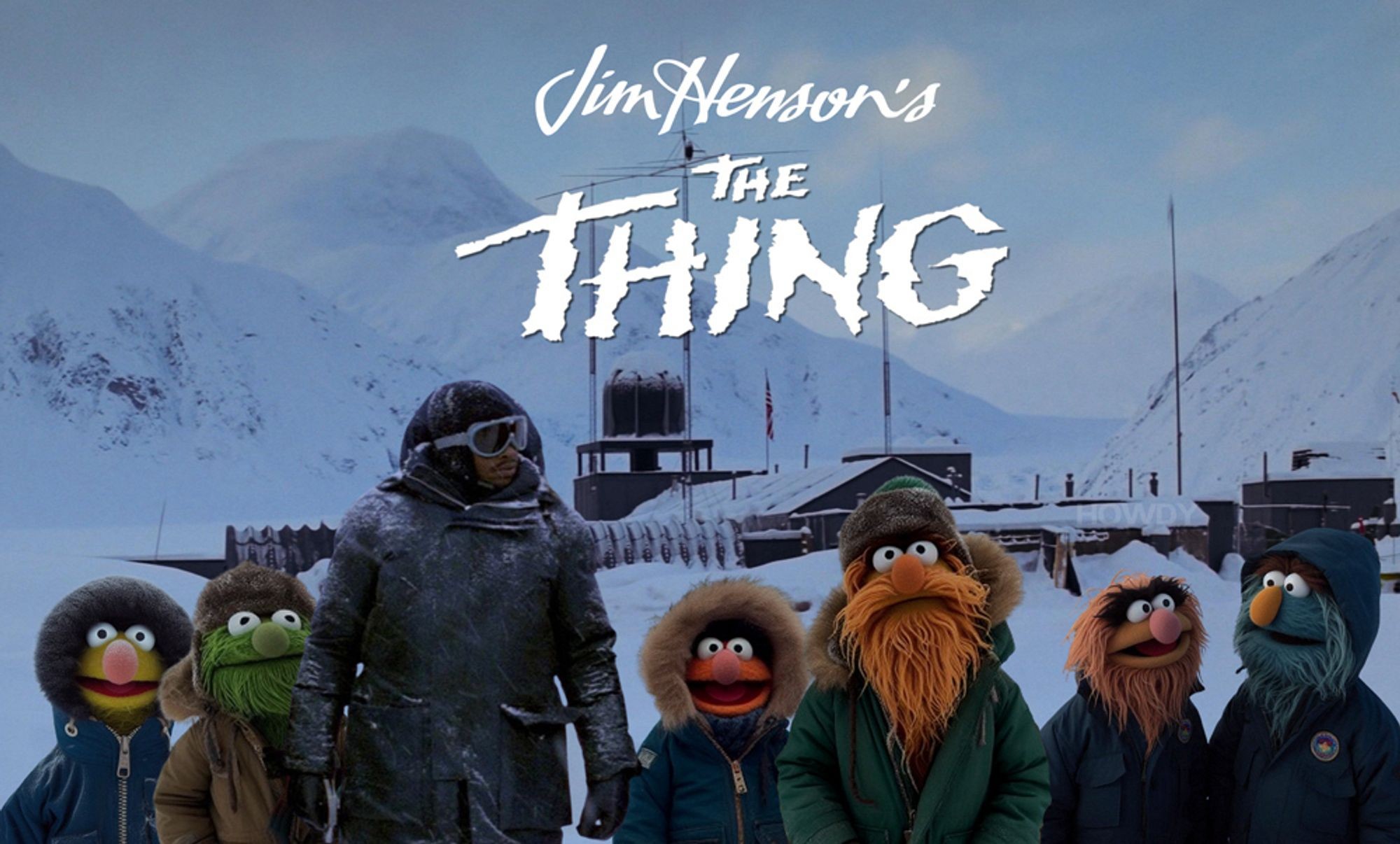 Movie poster/splash screen for Jim Henson's The Thing, picturing Muppets in snow gear, at the Antarctic base featured in the film. And also Keith David, still.